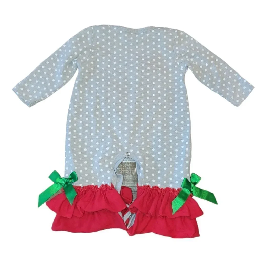 Santa's Sleigh Gray Polka Ruffle Baby Girls Christmas Romper 3-6m